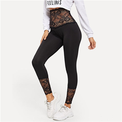 Black Solid Contrast Lace Sheer Leggings