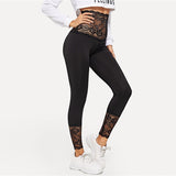 Black Solid Contrast Lace Sheer Leggings