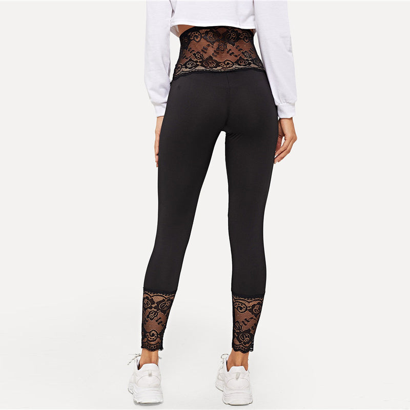 Black Solid Contrast Lace Sheer Leggings