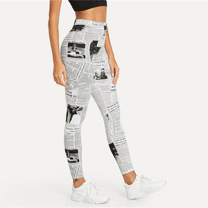 Black And White High street Newspaper Letter Print Street wear Leggings