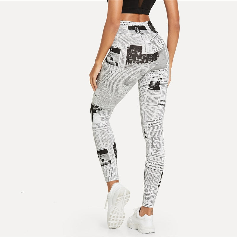 Black And White High street Newspaper Letter Print Street wear Leggings